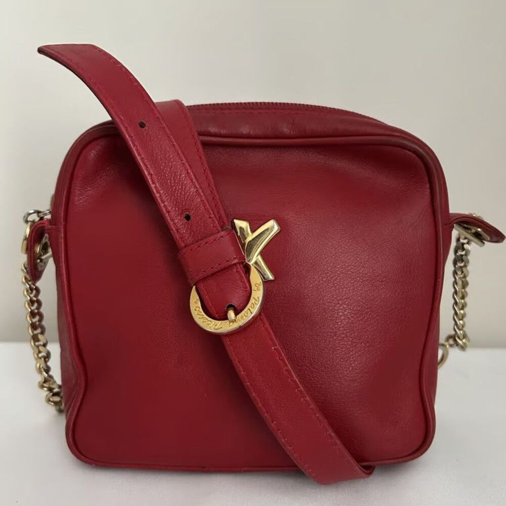 Paloma Picasso Vintage Red Leather Crossbody Bag Gold X Logo Chain Strap Italy
